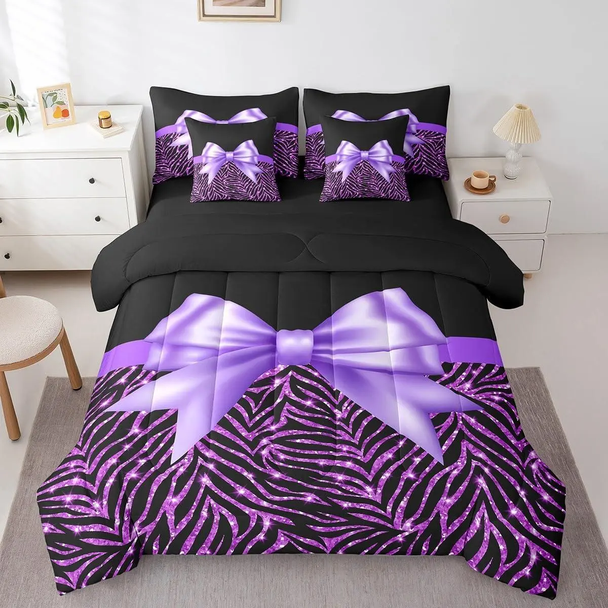 Purple Bowknot 7 Piece Bedding Set Glitter Print Comforter Set with Sheets for Kids Girls Adult Cute Bowknot Bed in a Bag Black Silver Bed Set