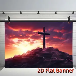 1pc 2D Flat Jesus Christ Sunset Photography Backdrop Crucifixion Church Event Party Background Sepulcher Lord Pray Christian Backdrop Christmas Easter Religious Belief Studio Props Banner Decorations Ornaments