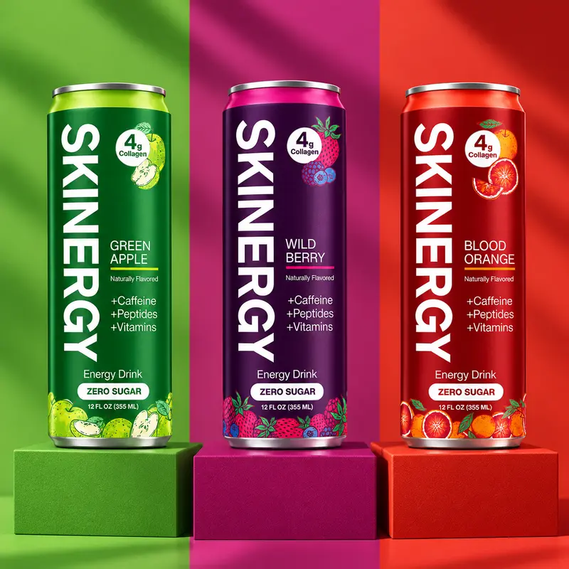 Skinergy Collagen Energy Drink, Zero Sugar, 4g Marine Collagen Peptides, 105mg Green Tea Caffeine, Biotin & B Vitamins, Blood Orange, Green Apple & Wild Berry, 12 Pack