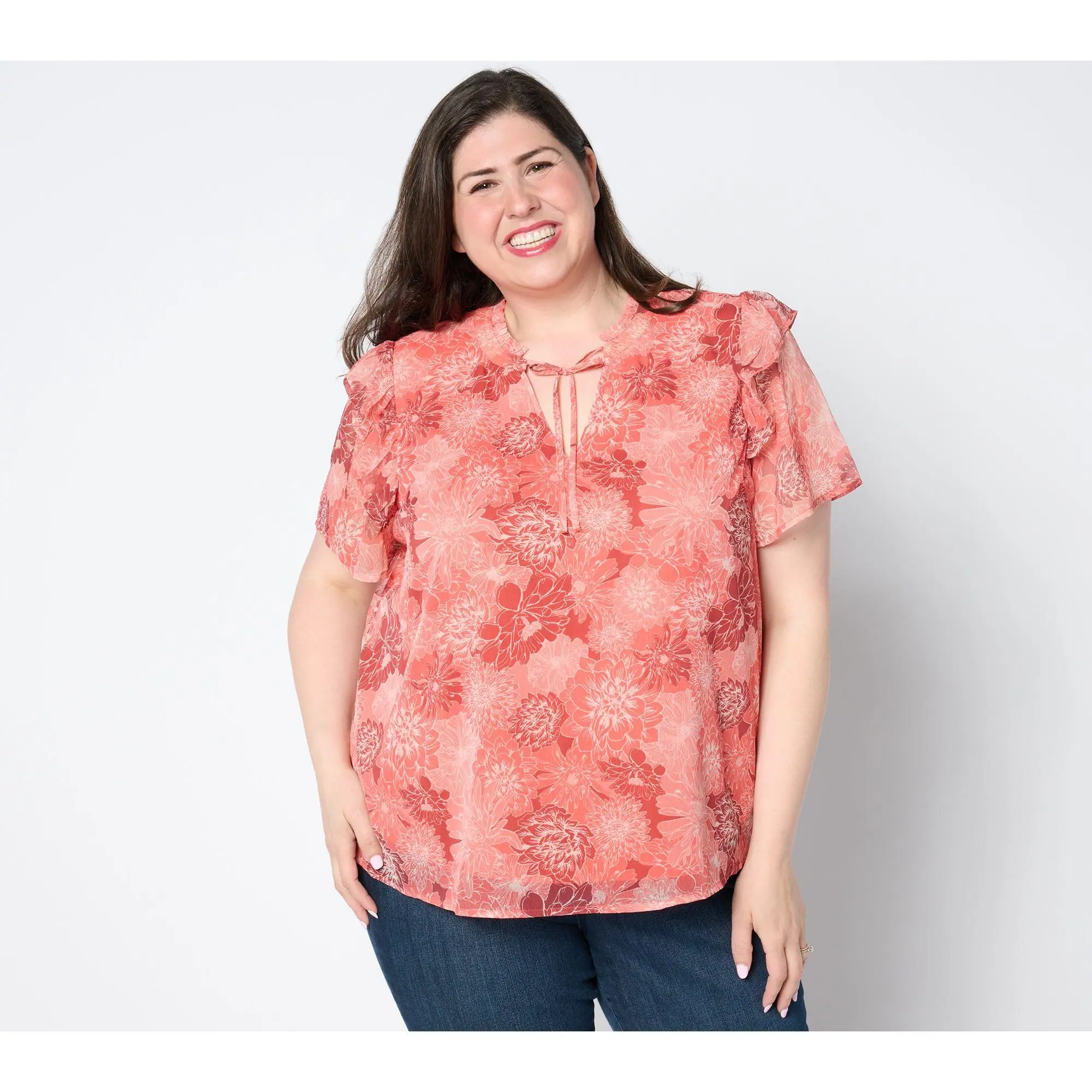 AnyBody Printed Flutter-Sleeve Chiffon Blouse