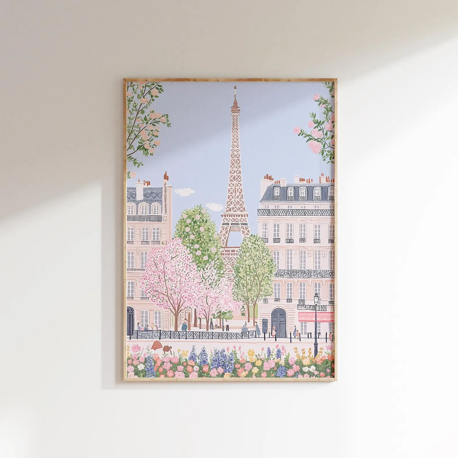 Eiffel Tower Spring Wall Art Paris Cityscape Print Floral City Illustration French Home Decor Living Room Art Wall Art