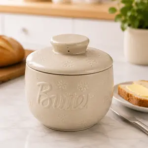 Ceramic Butter Keeper with Lid – Airtight French Butter Crock, Keeps Butter Fresh & Spreadable, Elegant Kitchen Storage Jar for Countertop Use