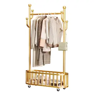 Garvee Portable Heavy Duty Metal Clothes Rail on Wheels with Storage Shelf and 4 Hooks, Movable Clothing Rack for Hanging Garments, Coats, Perfect for Bedroom, Closet, Laundry, and Living Room, Gold Finish, 175x100x32 cm