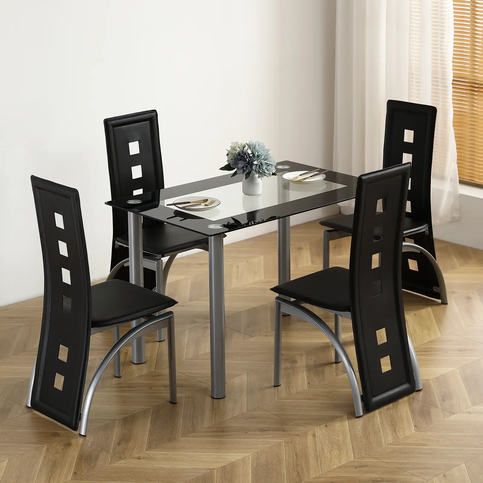 FCH 4-person Dining Set, 43" Dining Table with Tempered Glass and Stainless Steel Legs, 4 Dining Chairs with Black Cushions
