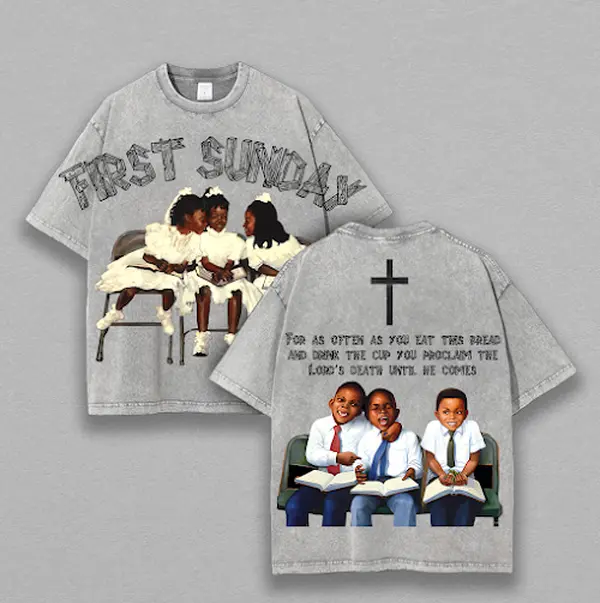 Vintage First Sunday Faith T-Shirt – Oversized Acid Wash Christian Streetwear | Heavyweight Cotton Graphic Pullover for Him & Her