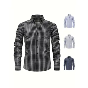 2025 New Men's Classic Checkered Long Sleeve Shirt - Elegant Business Casual Regular Fit Button-Up with Pointed Collar & Umbrella Hem, Hand Washable for Spring/Fall Seasons