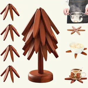 2026 Petit Bits heat-resistant foldable design natural tree trivet Set 4 Pcs + 1 Stand Solid Walnut Wood Hot Dishes Pots Bowls Teapots Coasters Kitchen Tableware Christmas Gift Home Dining Accessories Non-BPA Free Holiday Haul Deal hot bowl