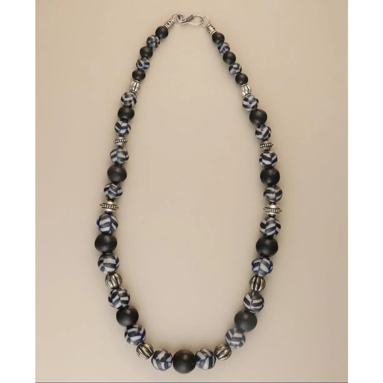 Hand-Painted Black Ceramic Pottery Bead Necklace with Metal Accents