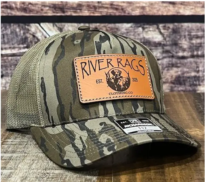 River Rags Clothing Co Trucker 112 Mossy Oak Bottomlands Camouflage Duck Fetcher Patch Snap Back Hat for Outdoor Enthusiasts Unisex Secure Fit