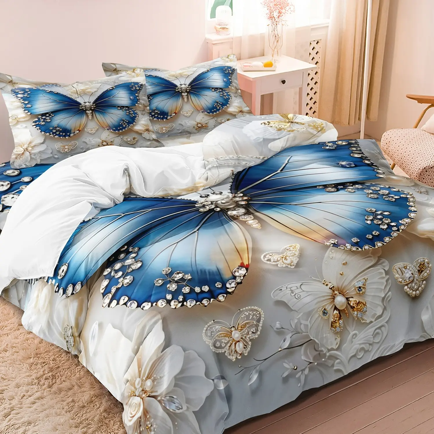 3pcs Set Butterfly & Flower Bow Print Decorative Bedding Set, Including 1 Duvet Cover & 2 Pillowcases without Filler, Soft Bedding Sets, Bedding Supplies for Home Bedroom Hotel