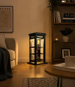 Vintage Black Graffiti Phone Booth Decorative Floor Lamp, Warm LED Ambient Night Light for Home Decor