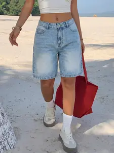Tall Women's Low Waist Casual Denim Shorts, Summer Jean Shorts, Slim-Fitting Plain Pattern, All Seasons Fashion