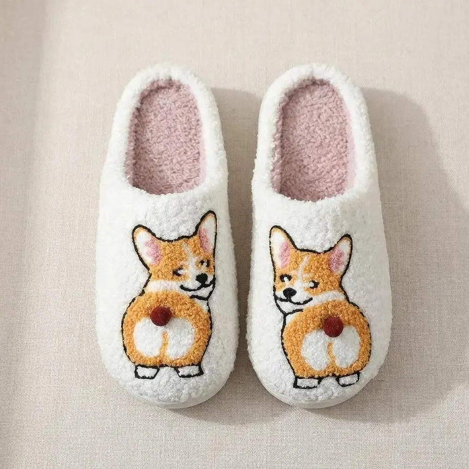 Cute Corgi Plush Slippers, Funny Corgi Butt House Shoes, Soft Fuzzy Closed Toe Indoor Slippers for Home, Bedroom & Dog Lover Gifts