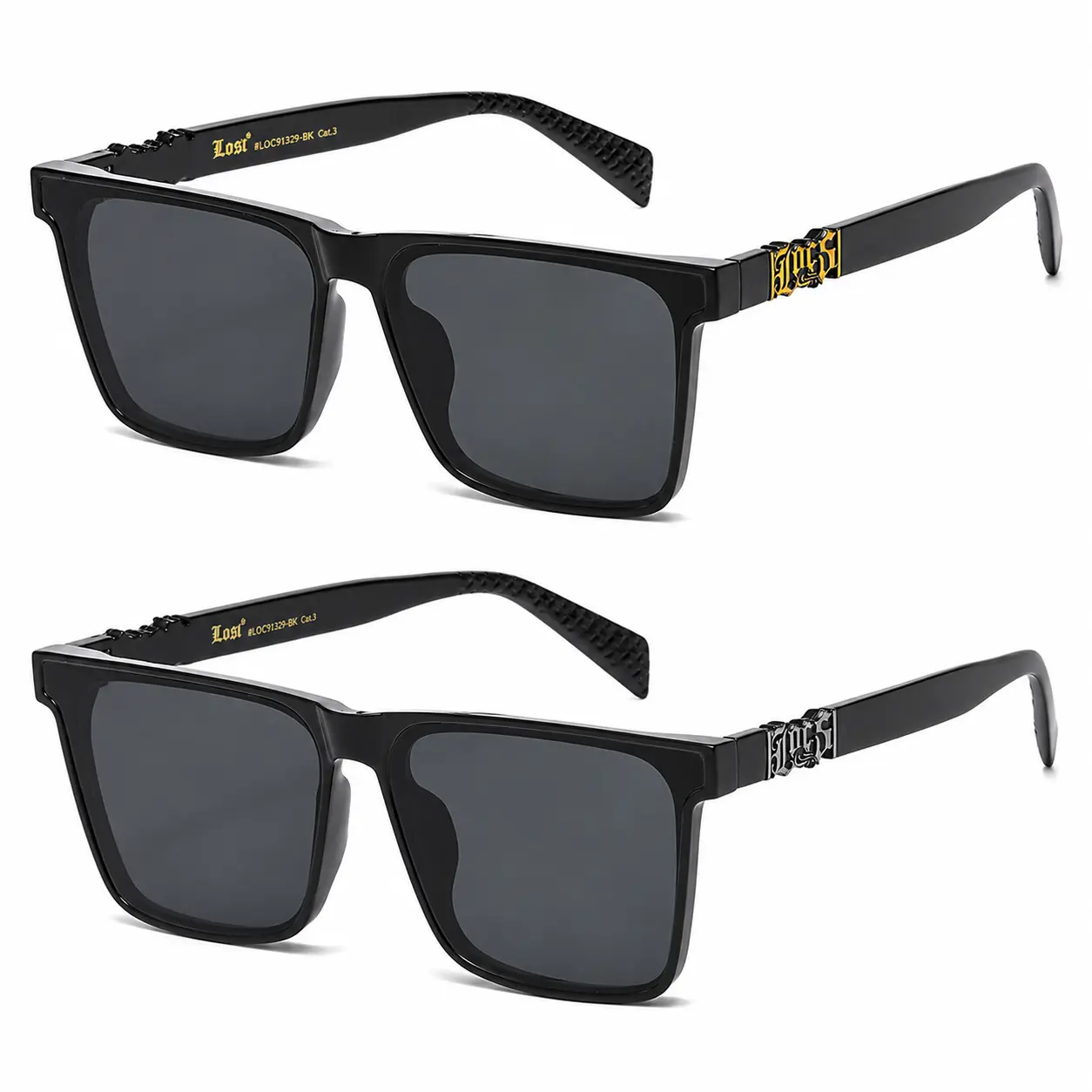 LOCS Rectangular Wrap Shades Flat Top Glossy Black Old English Logo Emblem Temple Dark Smoke Lens UV400 Biker Hardcore Hip Hop Rapper OG Cholo Lowrider Sunglasses | Authentic Original Genuine LOCS
