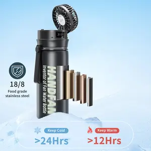 HandFan Bottle – Stainless Steel Water Bottle with Mini Fan, BPA Free, Straw, 2600mAh Battery, Keeps Water Cool for 6 Hours, Great for Hiking Camping Travel Party Sports