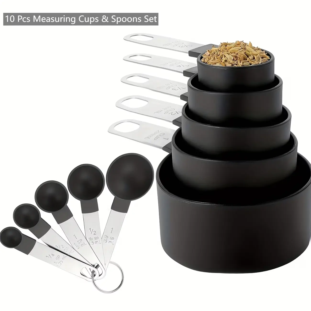 1 Set Measuring Cups And Spoons -10pc Stackable Stainless Steel Handle Accurate Tablespoon For Measuring Dry And Liquid Ingredients Small Teaspoon With Plastic Head - Kitchen Accessories - For Baking & Cooking Enthusiasts - Perfect Gift for Housewarming