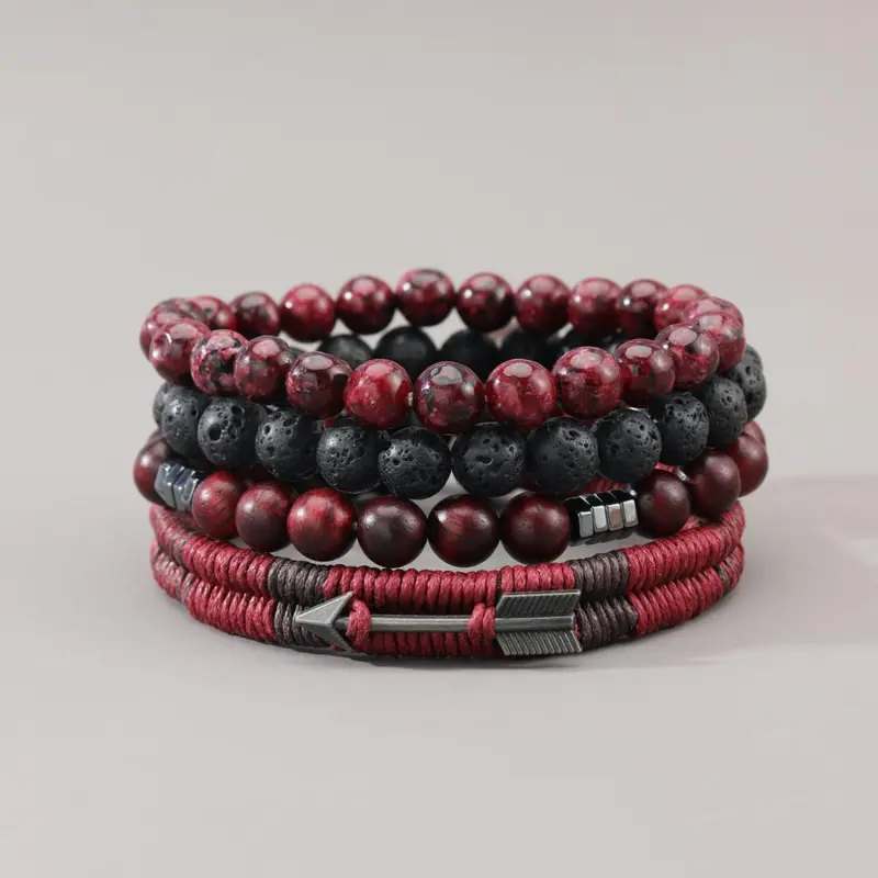 Men's Street Trend Beaded Bracelet Sets, Bracelet Combination Set, Bangle Bracelet Set, 4pcs Vintage Retro Trendy Drawstring Bracelet, Jewelry As Birthday Gift for Boyfriend, Stackable Bracelet