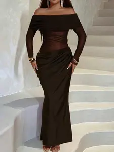 Women’s 2026 Solid Color Sexy One-Shoulder Mesh Pleated Slim-Fit Long Dress Cocktail Bodycon Wedding Party Maxi Formal/Casual Eye-Catching Bridal Womenswear