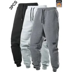 [Warm Polyester Athletic Joggers] 3pcs Men's Casual Athletic Joggers - Durable, Warm Polyester - Drawstring Waist, Machine Washable Sweatpants - Black, Dark Gray, Navy Blue