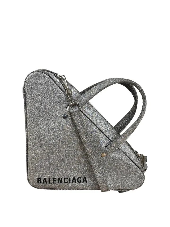 Pre-owned leather Shoulder Bags Balenciaga Silver GlitterLeather Triangle Two Way Bag