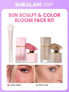SHEGLAM Color Bloom Liquid Blush Sun Sculpt Contour Blush Brush Set Liquid Blush Cream Contour Lightweight Buildable Dewy Natural Glow Makeup Kit 3pcs Set