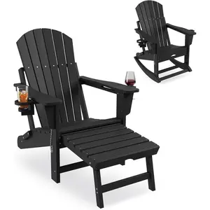 4 in 1 HDPE Adirondack Rocking Chair All Weather Outdoor Lounge Chair with Retractable Ottoman Foldable Fire Pit Chairs Heavy Duty 380lbs Plastic Glider Rocker with Hidden Cup Holder Custom Patio Garden Lawn Porch Furniture