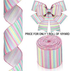 Pastel Color Striped Wired Ribbon 1.5 Inch Wide 10 Yards Easter Dupioni Ribbons for Bunny Decor Spring DIY Wreath Bow Making Easter Basket Holiday Crafts Spring Event Decorations