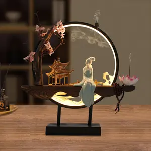 Lotus Brand Modern LED Incense Burner Mid Autumn Festival Gift for Home Office Ceramic Iron Smoke Diffuser for Moon Gazing Yoga Meditation Creates Zen Atmosphere for Family Reunion with Buddhist Bead Black