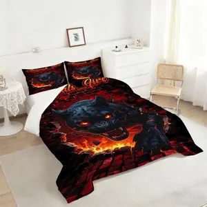 2/3Pcs Fierce Black Panther Comforter Set, Eye-Catching Bedding Set with Flames & Embers, Soft & Cozy Quilt for Intense Bedroom Decor, Perfect for Animal Lovers & Bold Home Style 1 or 2 Pillowcase No Pillow Core