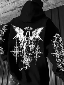 Men’s Streetwear Hoodie, Angel & Gothic Pattern Print, Thorn & Barbed Wire Design, Soft White & Black Color Block, Regular-Fit Casual Pullover, Embodying Urban Fashion Attitude, Gothic Printed Hoodie