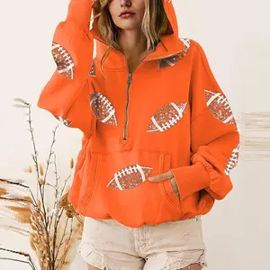 Women'sGameDaySweatshirtsFootballSequinHoodiesTailgateOutfitsLongSleeveZipperSweaterswithPocket