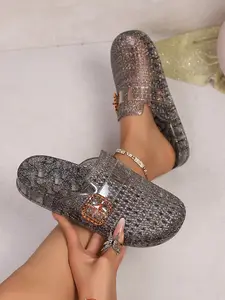 Transparent Rhinestone Buckle Jelly Slippers for Women, Summer Outdoor Thick Sole Anti-Slip Sandals, Versatile Casual Cool Slip-Ons, Slide, Shoe