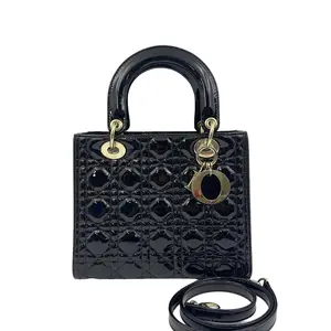 Pre-owned Dior France Backpacks black and gold patent leather five grid Princess Diana bag H1 H3 z62778
