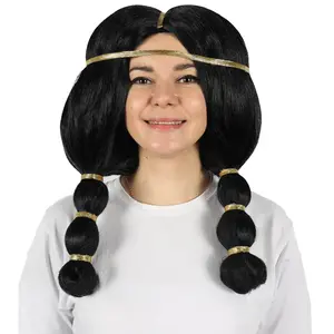 HPO Adult Women's Ancient Egyptian Straight Black Wig with Golden Ornaments, Best for Halloween, Flame-retardant Synthetic Materials