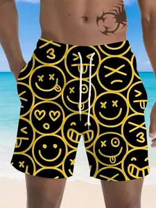 Men's Gold Smiley Face Print Quick-Dry Beach Pants, Swimwear Shorts, Casual Loose-Fitting All over Print, Fun and Eye-Catching Design, Swim Shorts