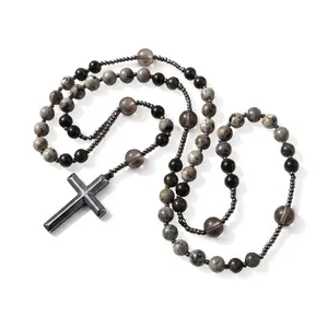 8mm Fire Stone Cross Necklace – Amulet & Healing Stone Rosary, Religious Jewelry, Unisex Gift