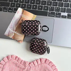 Simple Full-Screen Pink Heart Polka Dot Pattern Glossy Black Protective Earphone Case with Black Ring for AirPods 1 2 3 4 Pro Pro2
