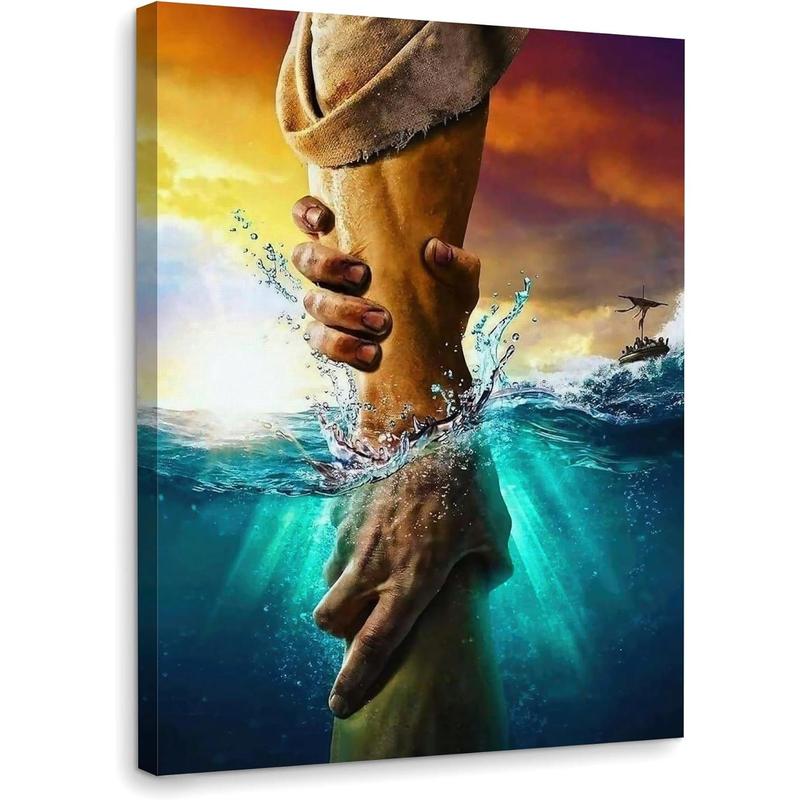 1 Count Framed Jesus Christ Canvas Wall Art The Hand of God Jesus Reaching Into Water Christian Painting Prints Biblical Wall Decor Religious Room Decor for Church Prayer Room Schools Hospitals 16x24inch