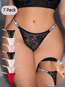 Shiny Waistband Sexy Lace Low-Waist Women's Thong Panties, Elegant Solid Color Elastic Underwear, Hollow Out Mesh, Comfortable All Seasons, 7 Pack, Sheer Lace Panty