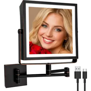 Rechargeable Wall Mounted Makeup Mirror with Lights, Double Sided 1X/10X Magnifying  Mirror with 3 Color Lights,  Screen Dimmable, 360? Rotation Foldable Arm (Oil Rubbed Bronze)