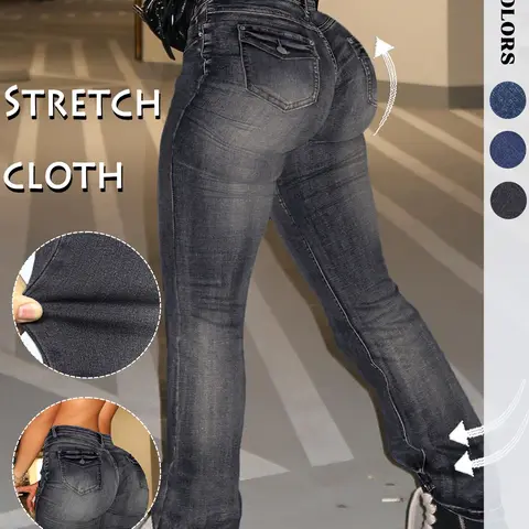 Y2K button fly flared Leg Woven Denim jeans, casual, comfortable and Fit jeans, suitable for everyday wear, women's bottoms for all seasons, Pants, vintage jeans, street style, simple style, women's jeans