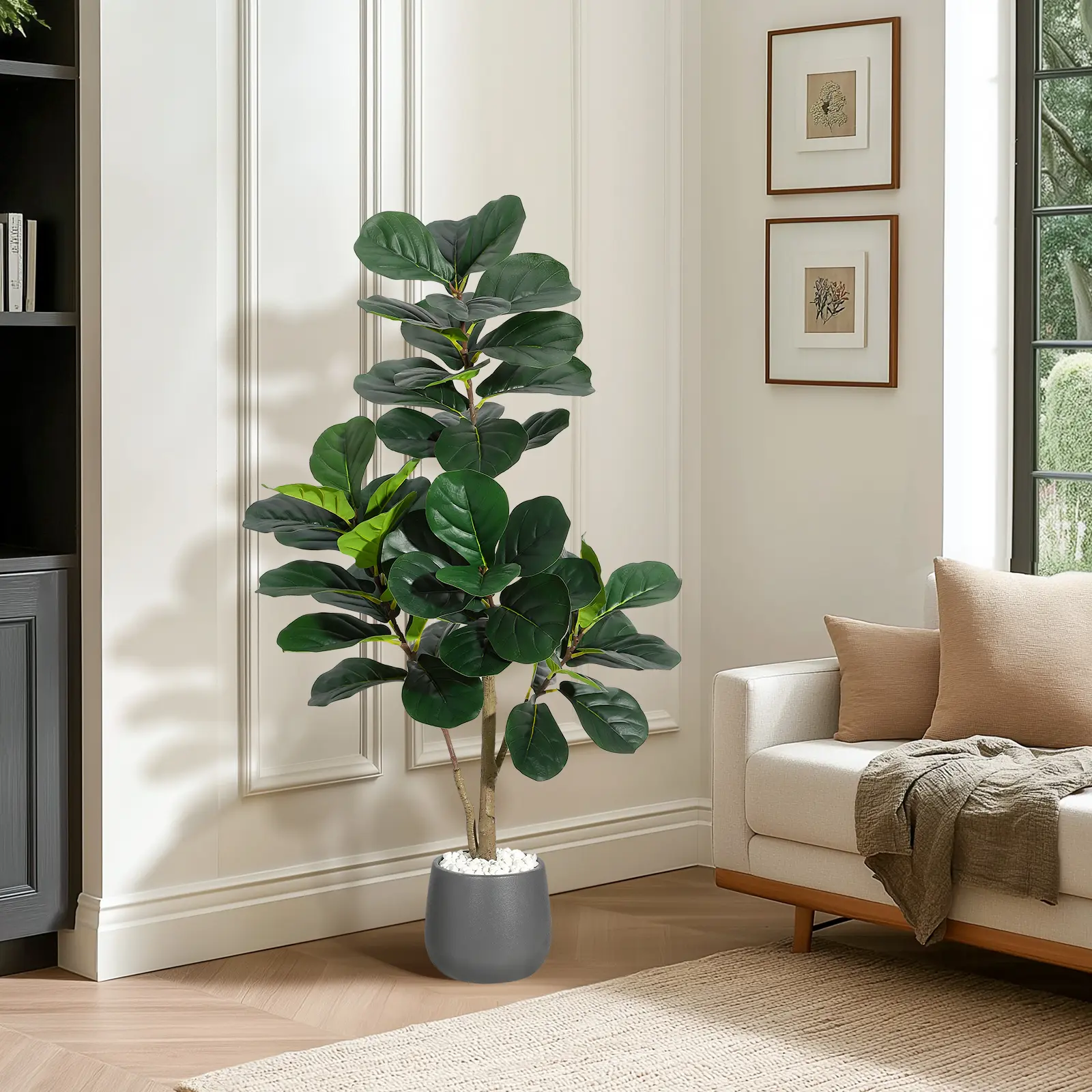 4FT Photorealism Minimalist Artificial Fiddle Leaf Fig Tree - 48-Leaf Faux Ficus Lyrata, 7.8" Grey Wood Planter Pot, Indoor Floor Fake Plant for Home Office Decor, Housewarming Gift Decorative Fruit Pack Set
