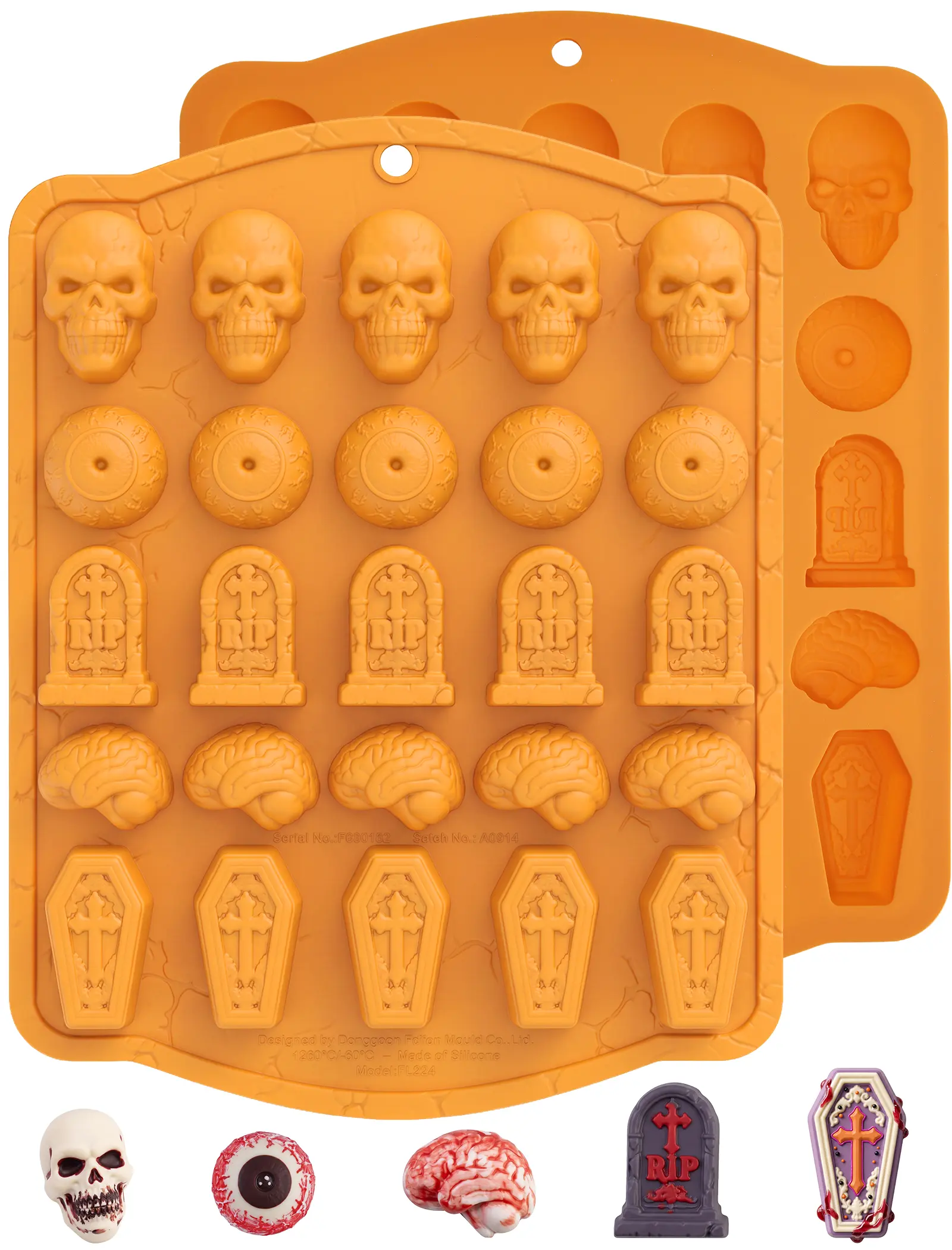 NiHome 25-Cavity Halloween Silicone Mold for Baking and Cake Making, Orange | 3D Silicone Chocolate Mold, 5 Shapes (Skull, Eyeball, Tombstone, Coffin, Brain), Food-Grade Nonstick Pan Oven Dishwasher Safe