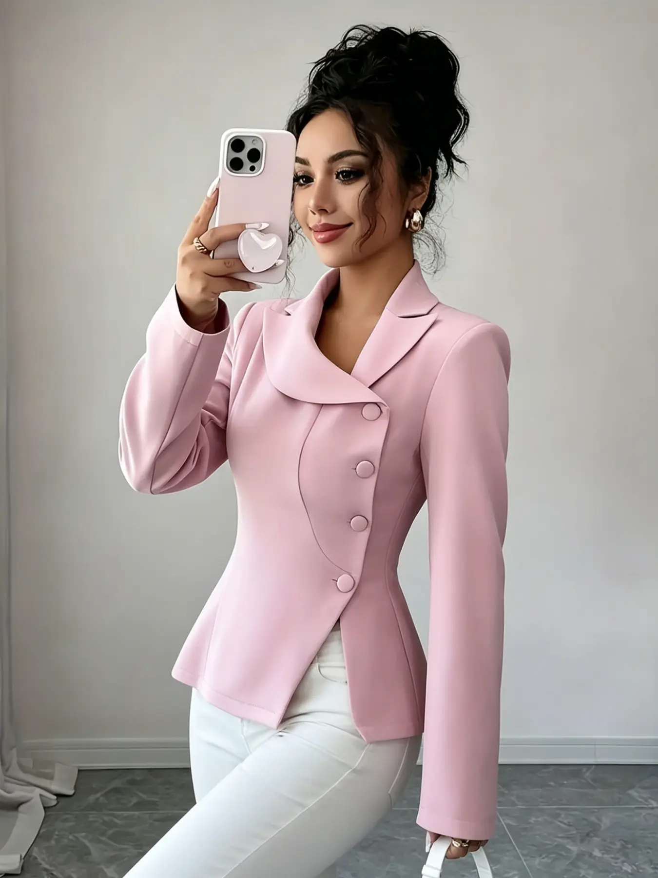 A pink asymmetrical collar and waist cinched suit jacket for women, Long sleeve, trendy blazer, with a slanted buckle design that exudes a sense of design. It is suitable for commuting, shopping, and outdoor activities