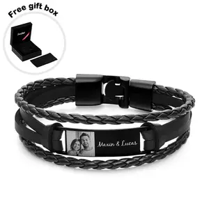 Custom Men's Bracelets Jewelry Photo Leather Engraved Bracelet Business Best Gifts for Him