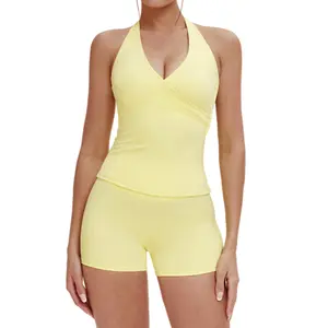 Women's 2-Piece Halter Activewear Set - Wrap V-Neck Top & High Waisted Yoga Shorts Pilates Workout Matching Outfit