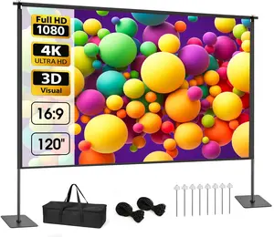 120 inch 16:9 Portable Projector Screen with Stand, 4K HD Wrinkle-Free Projection Kit with Carry Bag for Home Theater, Backyard Movie Night