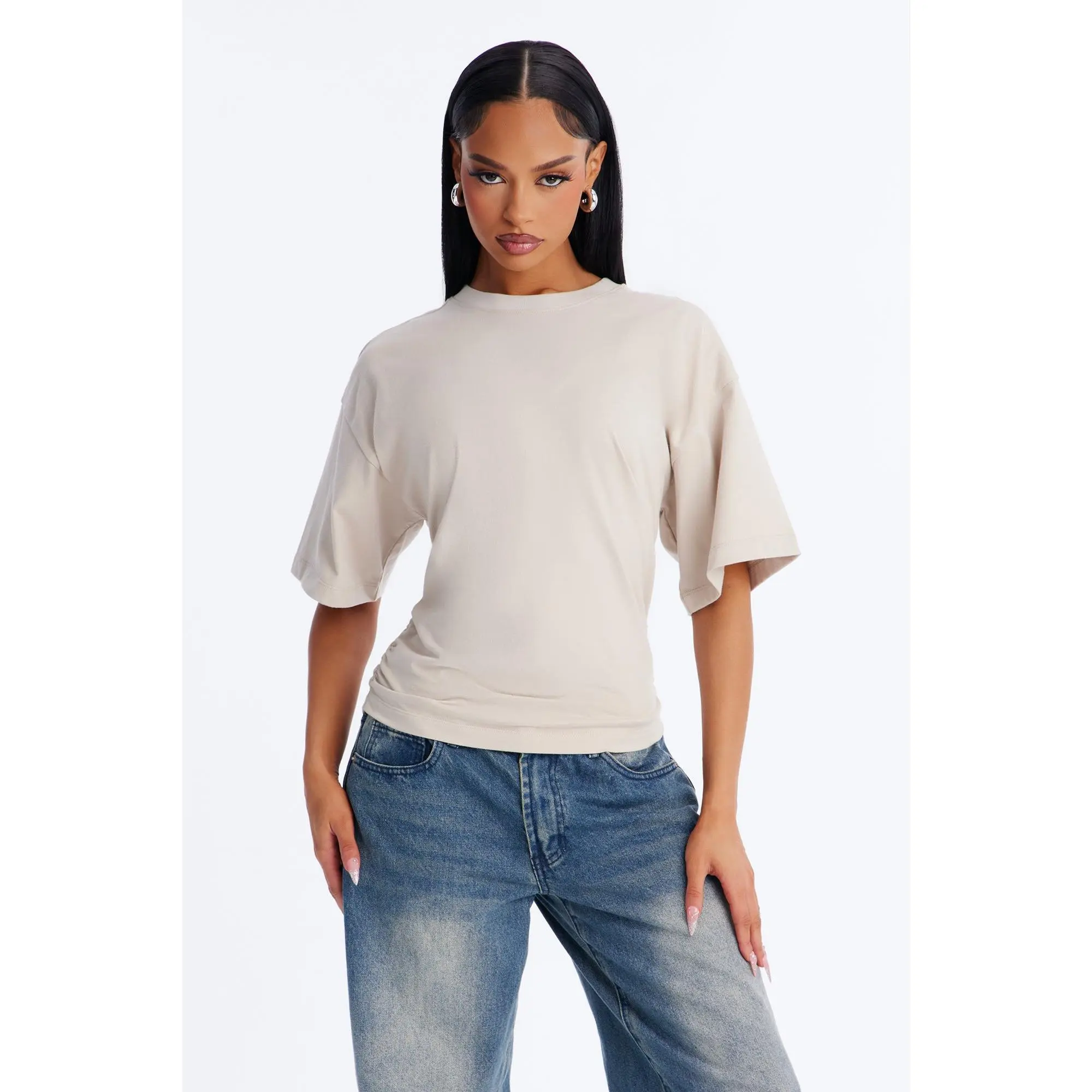 Nora Crew Neck Ruched Short Sleeve T-Shirt - Stone