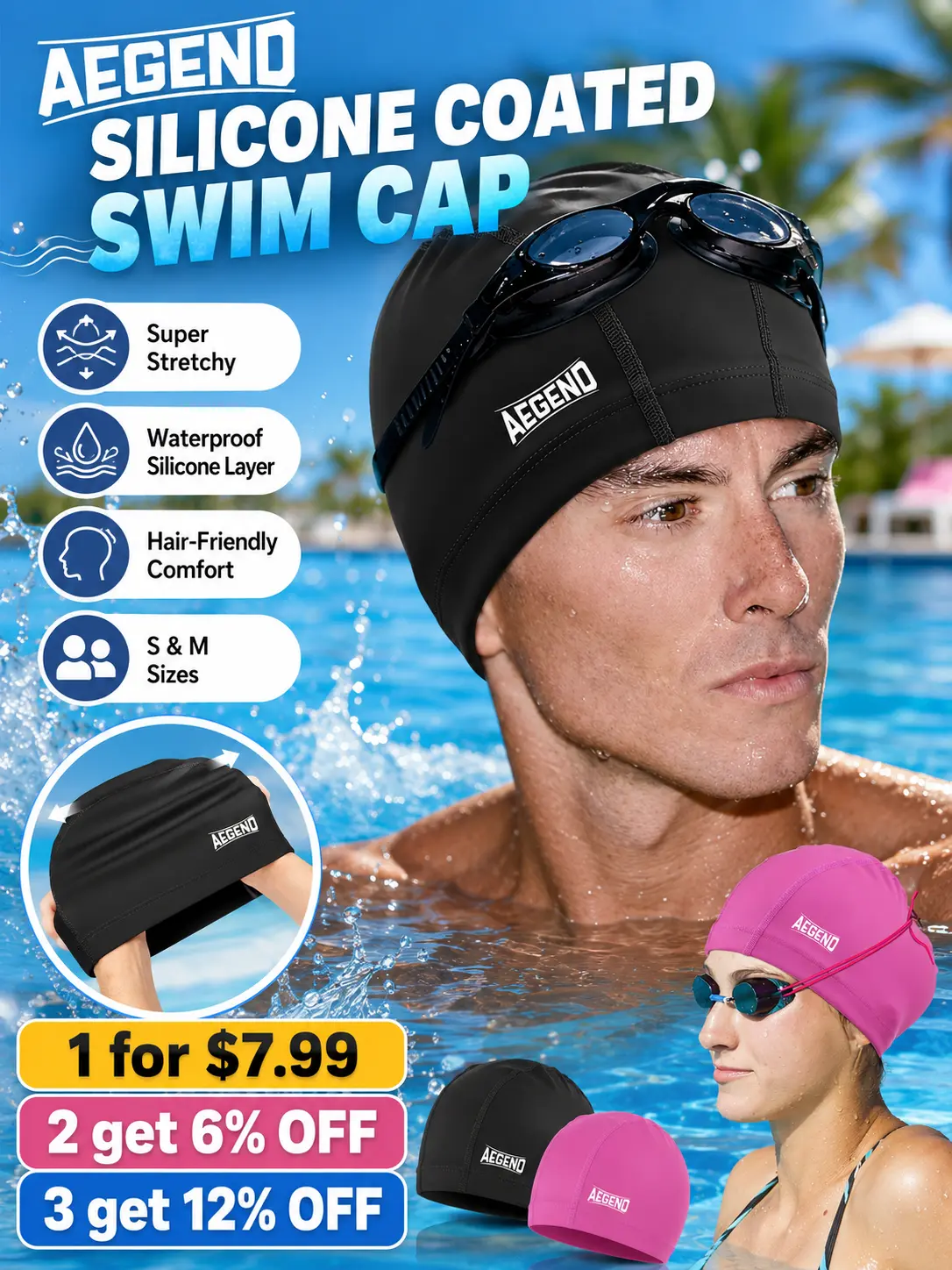 Aegend Sporty Unisex Swimming Cap, Waterproof Silicone Lined Polyester Fabric, High-Elastic, Breathable & Quick-Dry for Hair Protection, Quick-Dry Swimming Caps