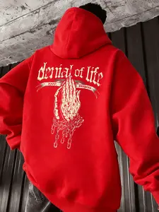 Men's Gothic Style Denial of Life Print Hoodie, Drawstring Hooded Sweatshirt with Front Pocket, Fall Winter Fitted Casual Wear